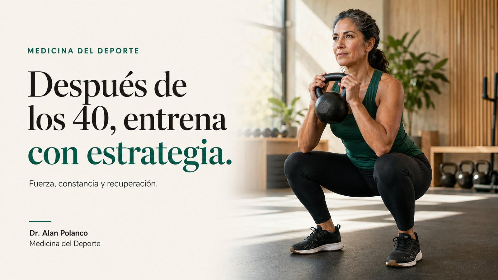 Mujer de mediana edad haciendo una sentadilla con kettlebell en un gimnasio, junto al título 'Después de los 40, entrena con estrategia'